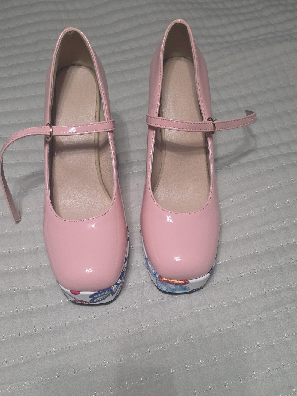 Pink Patent Mary Jane Heels with Patterned Platform
